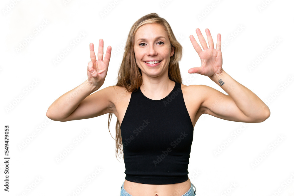 Young blonde woman over isolated background counting eight with fingers