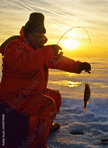 An ice angler with a perch at sunset  photo