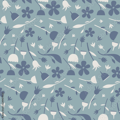 Medium scale stylised floral scattered repeat pattern on a grey blue background