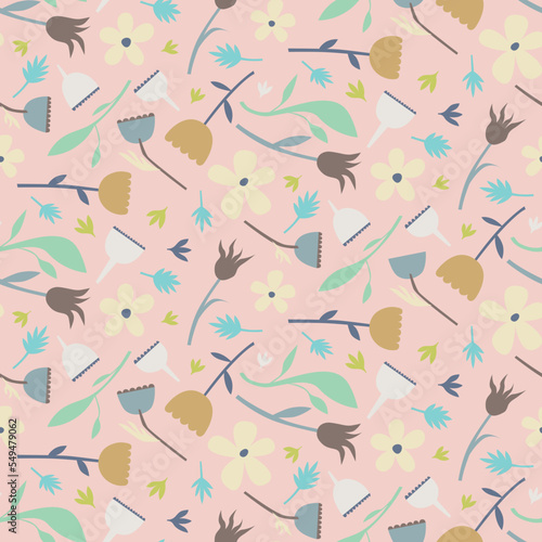 Medium scale stylised floral scattered repeat pattern on a pale coral background