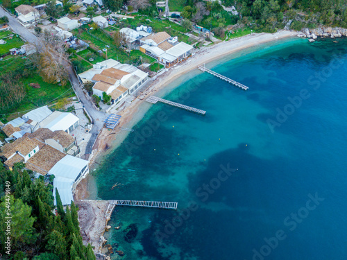 Aerial drone view of Agni beach in Corfu island,Greece