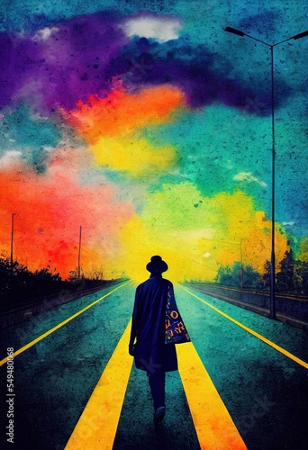 Collage contemporary print with colorful watercolor