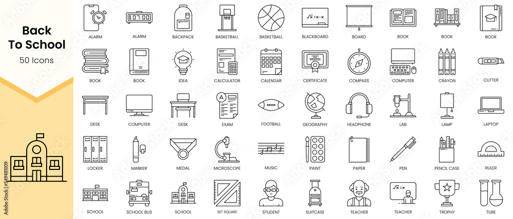 Simple Outline Set of Back To School icons. Linear style icons pack ...