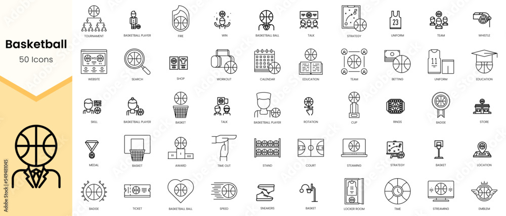 Simple Outline Set of Basketball icons. Linear style icons pack. Vector ...