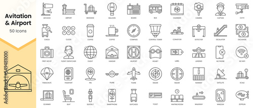 Simple Outline Set of Avitation and Airport icons. Linear style icons pack. Vector illustration