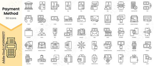 Simple Outline Set of Bill and Payment Method icons. Linear style icons pack. Vector illustration