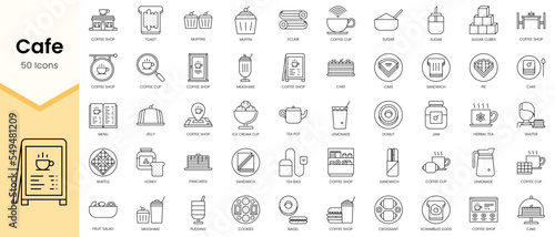 Simple Outline Set of Cafe icons. Linear style icons pack. Vector illustration