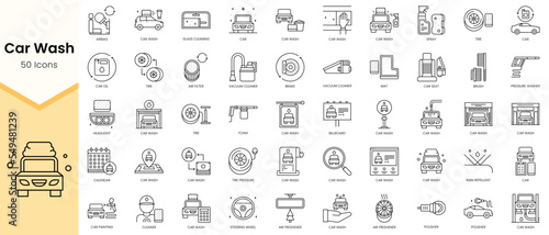 Simple Outline Set of Car Wash icons. Linear style icons pack. Vector illustration