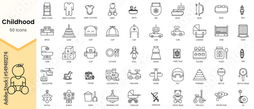Simple Outline Set of Childhood icons. Linear style icons pack. Vector illustration