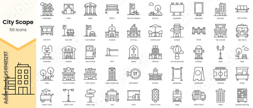 Simple Outline Set of City Scape icons. Linear style icons pack. Vector illustration