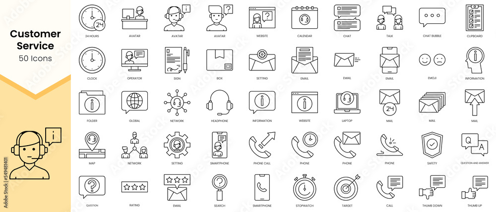 Simple Outline Set of Customer Service icons. Linear style icons pack. Vector illustration