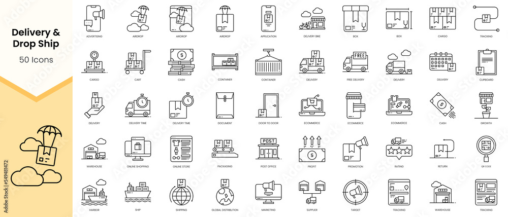 Simple Outline Set of Delivery and Drop Ship icons. Linear style icons pack. Vector illustration