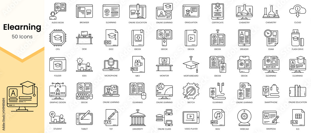 Simple Outline Set of Elearning icons. Linear style icons pack. Vector illustration