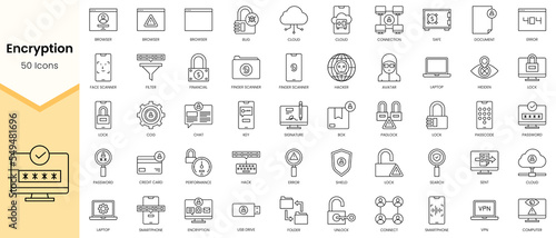 Simple Outline Set of Encryption icons. Linear style icons pack. Vector illustration