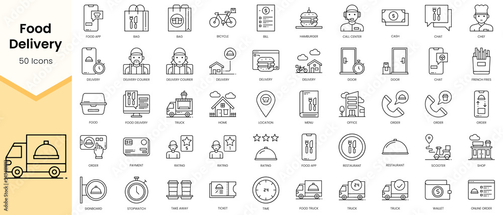 Simple Outline Set of Food Delivery icons. Linear style icons pack. Vector illustration
