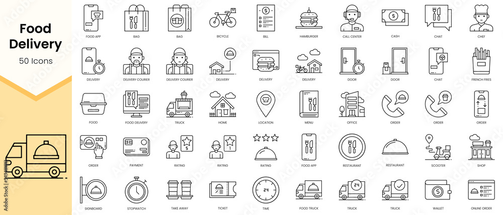 Simple Outline Set of Food Delivery icons. Linear style icons pack ...