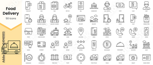Simple Outline Set of Food Delivery icons. Linear style icons pack. Vector illustration