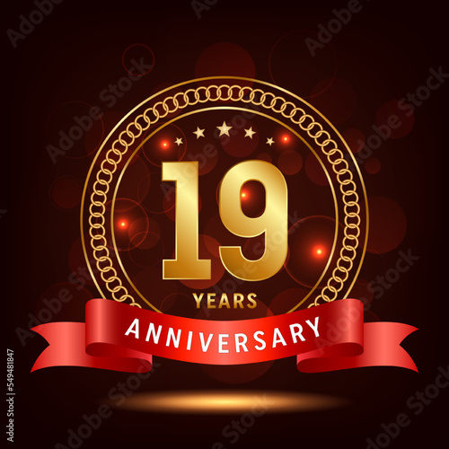 19th Anniversary Logo Design. Golden number 19 with sparkling confetti and ribbon, Vector Template Illustration