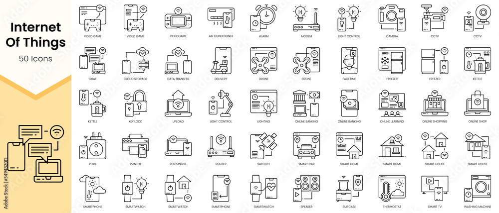 Simple Outline Set of Internet Of Things icons. Linear style icons pack. Vector illustration