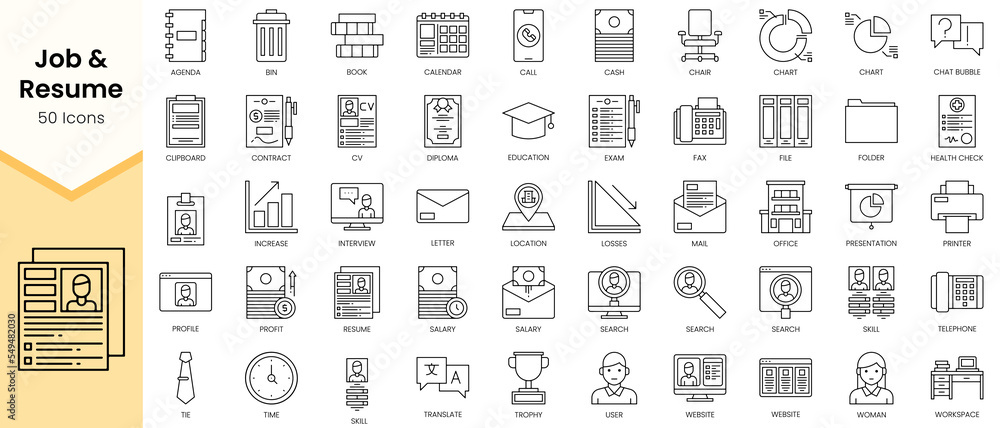 Simple Outline Set of Job and Resume icons. Linear style icons pack ...
