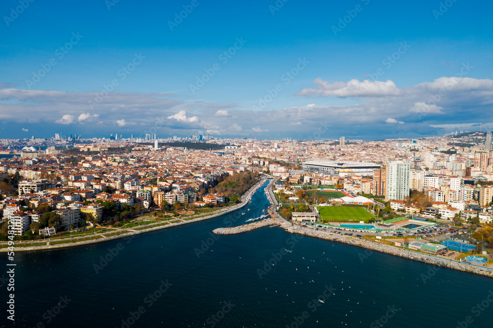 Aerial view from Moda Yogurtcu Park neighborhoods of Kadikoy, a large, populous, and cosmopolitan district in the Asian side of Istanbul, Turkey.