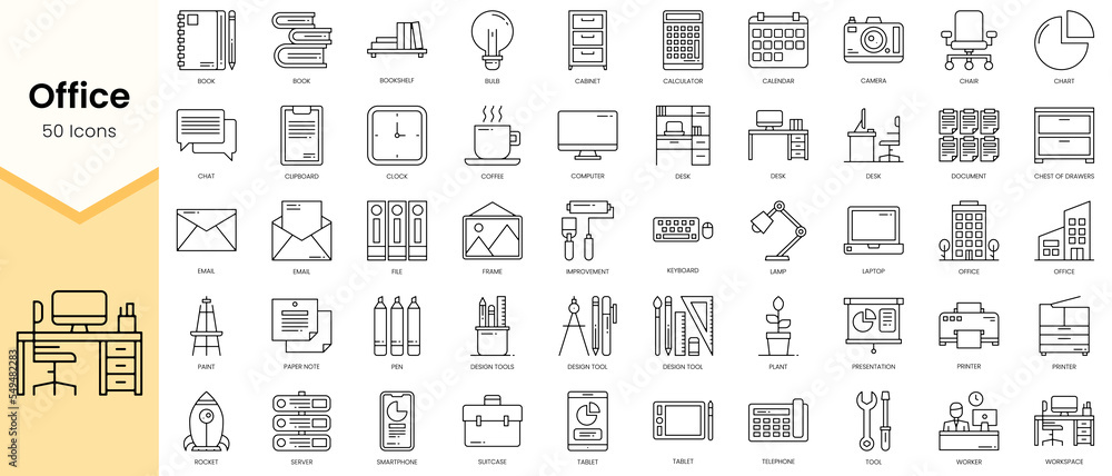 Simple Outline Set of Office icons. Linear style icons pack. Vector illustration