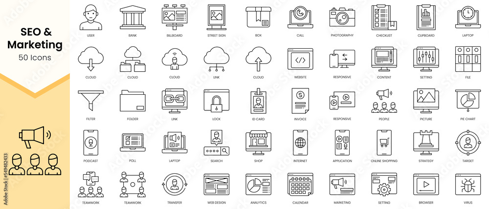 Simple Outline Set of Seo and Marketing icons. Linear style icons pack. Vector illustration