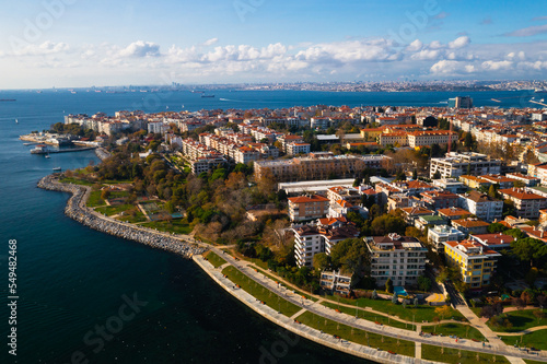 Aerial view from Moda Yogurtcu Park neighborhoods of Kadikoy, a large, populous, and cosmopolitan district in the Asian side of Istanbul, Turkey.