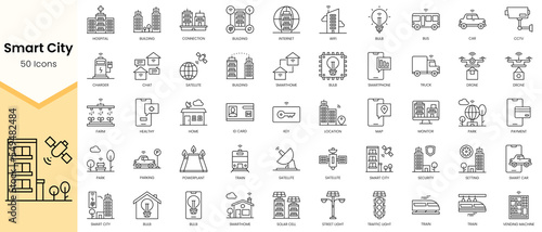 Simple Outline Set of Smart City icons. Linear style icons pack. Vector illustration