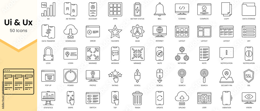 Simple Outline Set of Ui and Ux icons. Linear style icons pack. Vector illustration - obrazy, fototapety, plakaty 