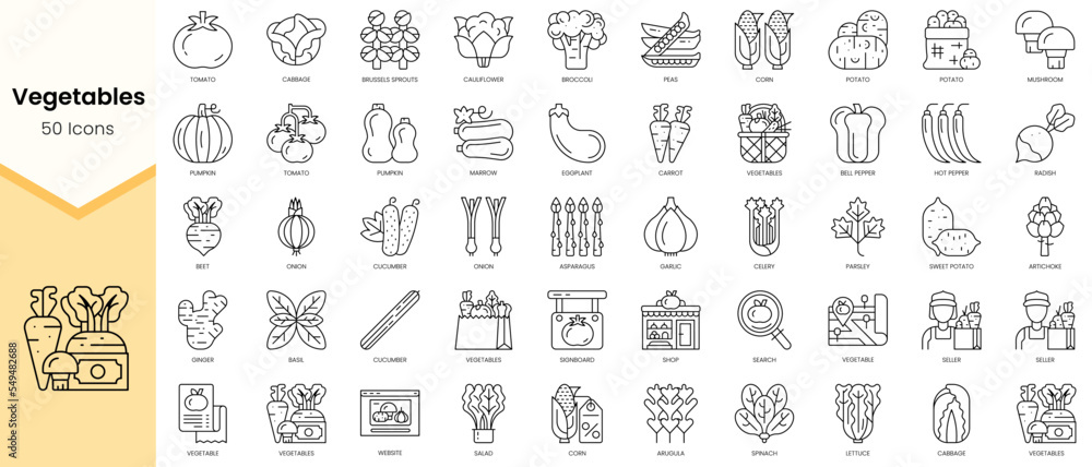 Simple Outline Set of Vegetables icons. Linear style icons pack. Vector illustration