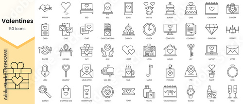 Simple Outline Set of Valentines icons. Linear style icons pack. Vector illustration