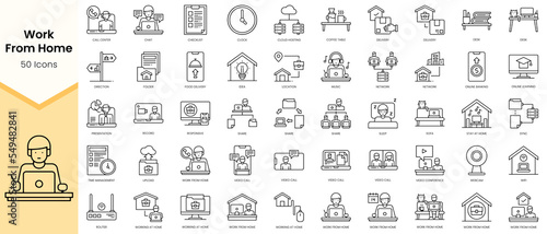 Simple Outline Set of Work From Home icons. Linear style icons pack. Vector illustration