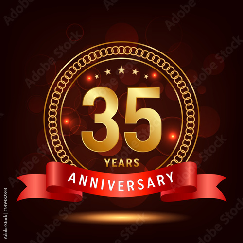 35th Anniversary Logo Design. Golden number 35 with sparkling confetti and ribbon, Vector Template Illustration