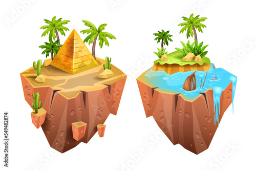 Game island, vector isometric 3D floating land, jungle palm, Egypt desert pyramid, UI environment. Flying platform concept, summer tropical scene stone surface, water. Exotic nature game island kit