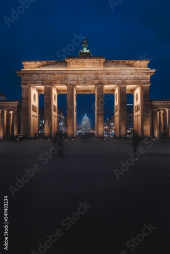 Vertical shot of Brandenburger Gate at night. Berlin, Germany.