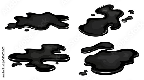 Set of Spill of black oil puddle industry. Stain ink drop of petrol liquid shape. Vector cartton illustration photo