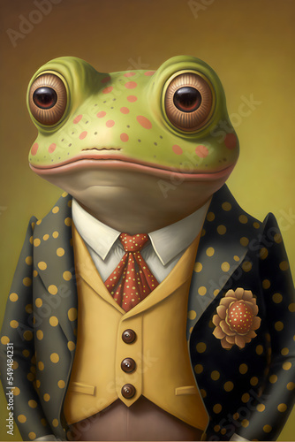 Athropomorphic Frog wearing a polkadot suit