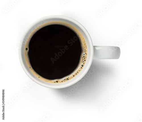 Leinwand Poster white coffee cup / mug with hot black coffee, isolated design element, top view