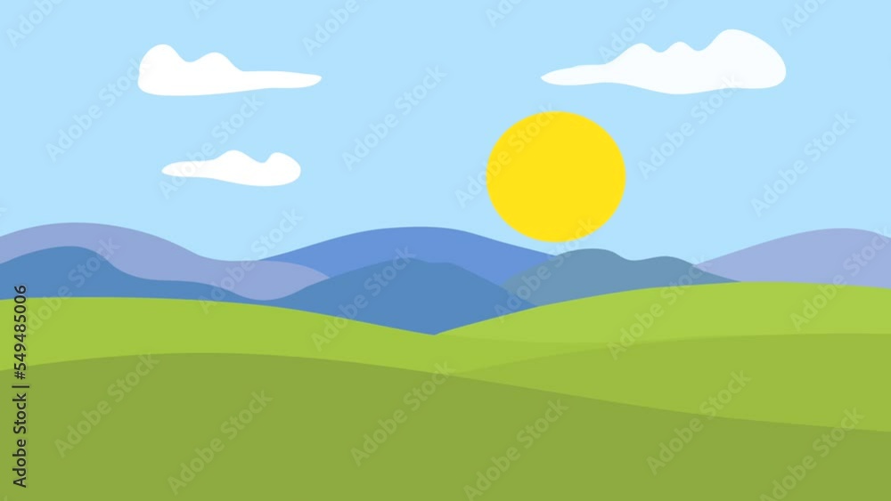 cartoon animation Rising and setting sun Against the backdrop of mountains and green hills