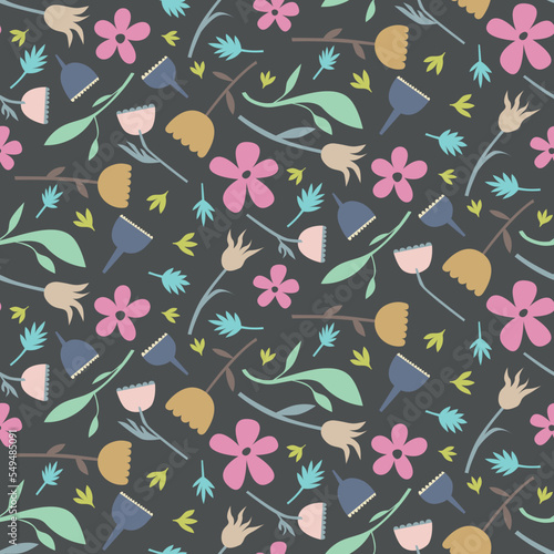 Medium scale stylised floral scattered repeat pattern on a dark grey background