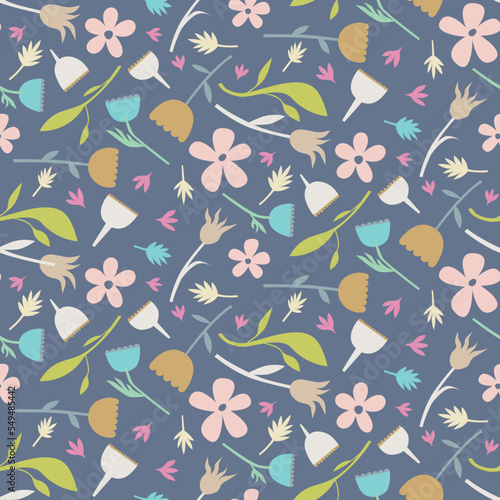 Medium scale stylised floral scattered repeat pattern on a dark blue background