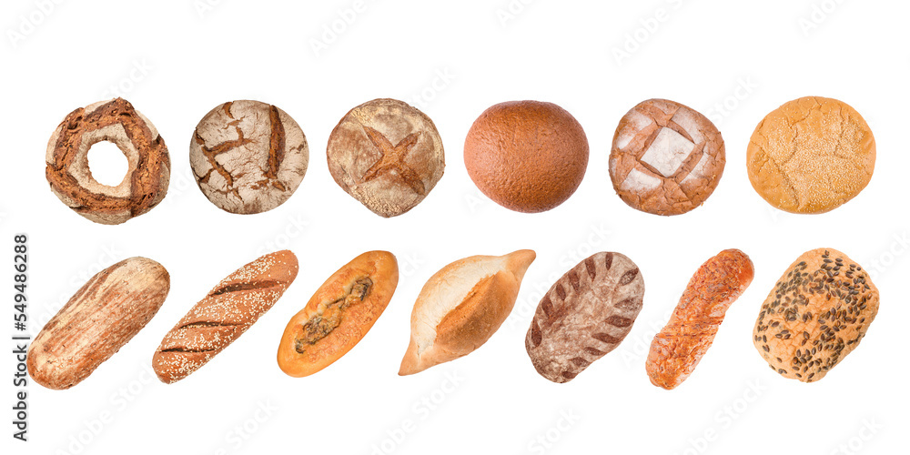Bread buns top view set in the row. Top view of bread collection isolated with transparency