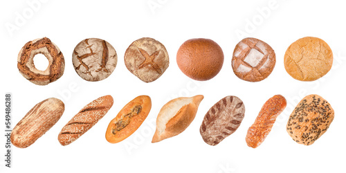 Obraz na płótnie Bread buns top view set in the row. Top view of bread collection isolated with transparency w salonie