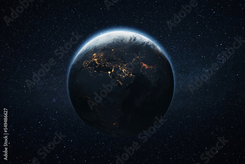 Amazing blue planet earth with lights of night cities in Europe  Africa and East in starry space. Beautiful Night Planet Earth