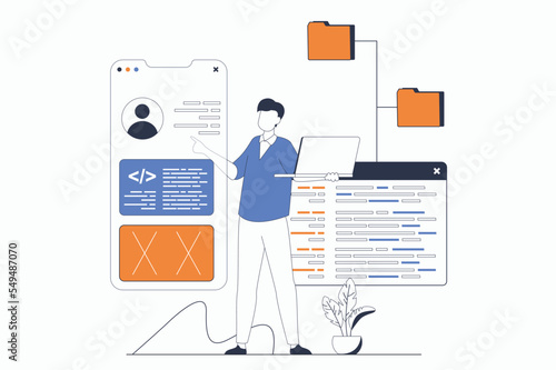 App development concept with people scene in flat outline design. Man develops mobile app interface and works with code, tests and optimizes. Vector illustration with line character situation for web