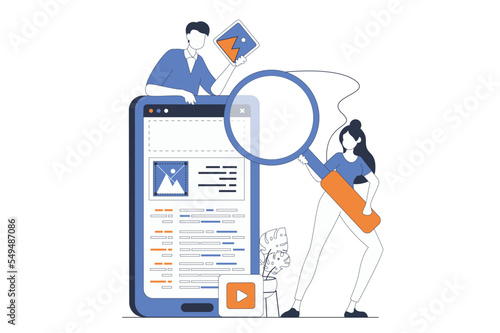 App development concept with people scene in flat outline design. Man and woman designing app interface and working with content and buttons. Vector illustration with line character situation for web