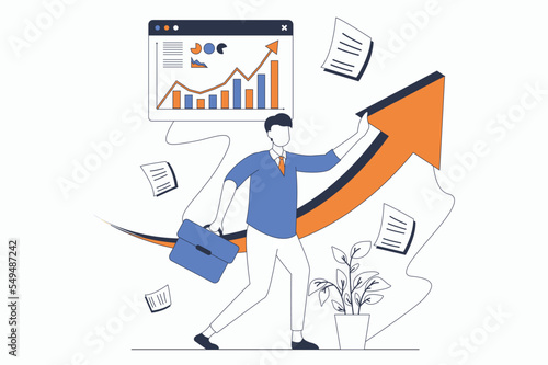 Business activities concept with people scene in flat outline design. Man develops and invests money in business projects, increases income. Vector illustration with line character situation for web