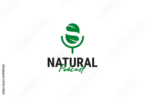Leaf and microphone icon for podcast logo design vector template illustration