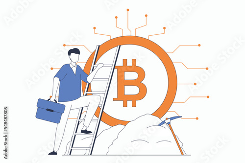 Cryptocurrency mining concept with people scene in flat outline design. Man mines bitcoin on crypto farm to earn money and increase profits. Vector illustration with line character situation for web